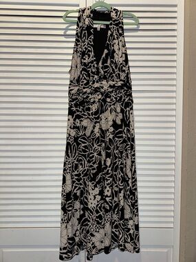 Evan Picone Black and Cream Floral Halter Maxi Dress